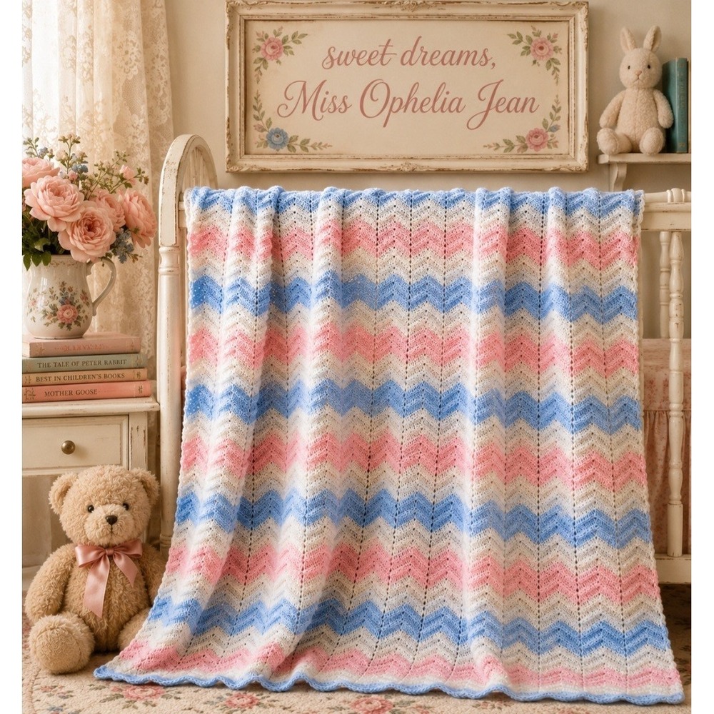 Vintage Hand Crocheted Chevron Baby Blanket Afghan Pink Blue White 46" x 34"